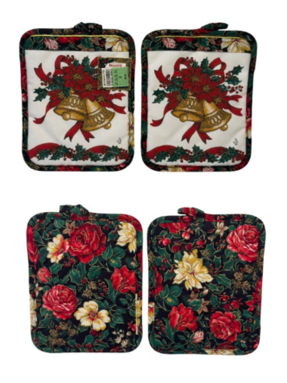 Vtg Deadstock Christmas Oven Pot Holder Set Poinsettia Tapestry Holiday Decor